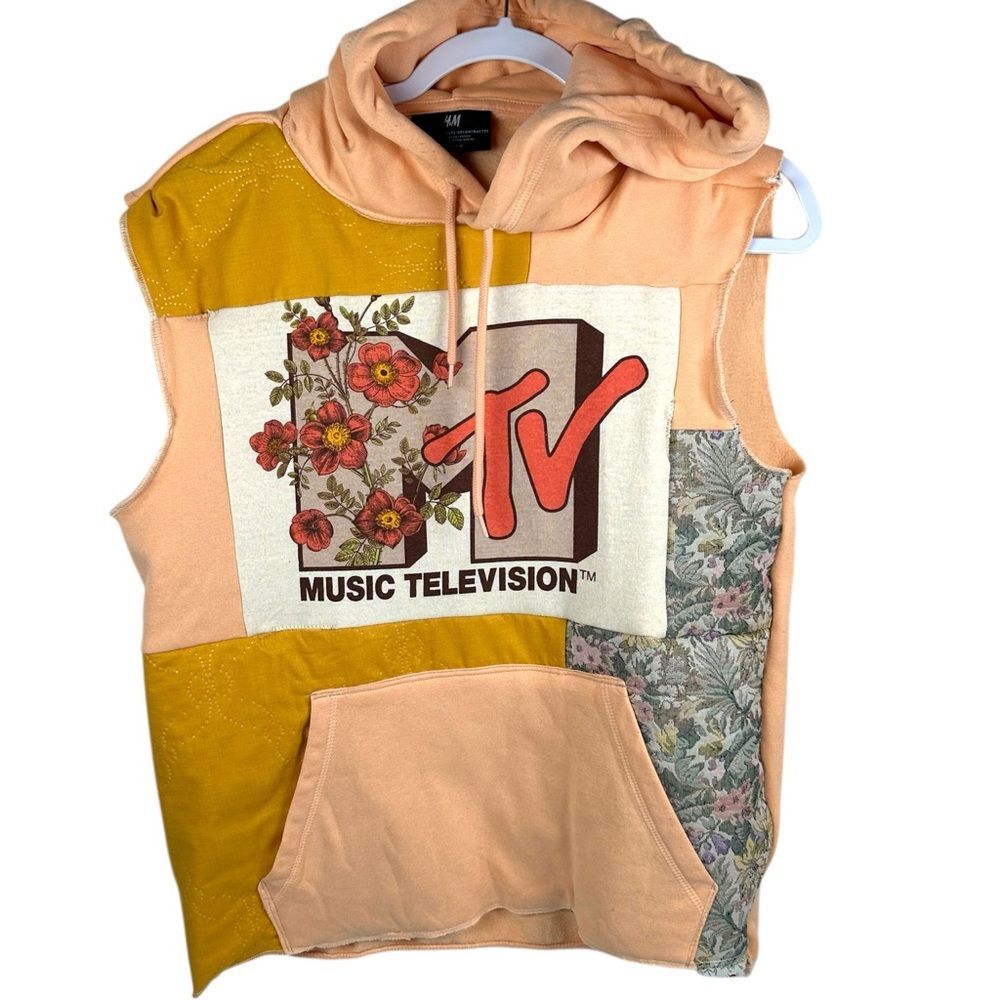 MTV Music Television Custom Handmade Upcycled Patchwork Sleeveless Hoodie Medium